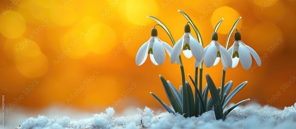 Poster snowdrops blooming in snow with a glowing yellow bokeh background creating a serene and vibrant flor