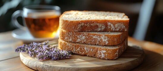 Whole wheat bread slices with aromatic tea on wooden table surrounded by lavender flowers, perfect for a cozy breakfast or snack scene