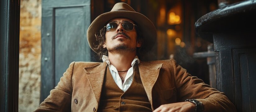 Elegant man relaxing in a stylish outfit during a luxurious holiday experience exuding charm and sophistication in a vintage setting