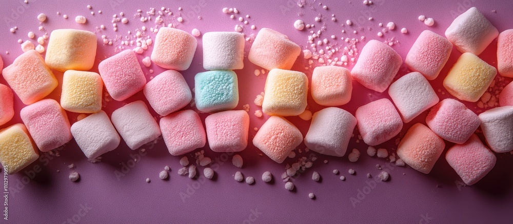 Poster vibrant colorful marshmallows arranged artistically on a soft purple background with scattered mini 