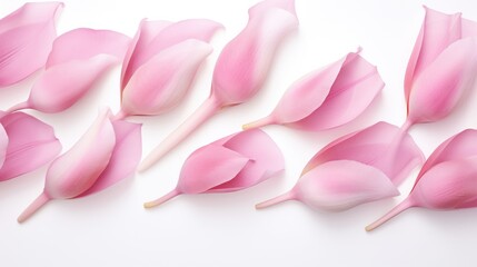 Obraz premium Delicate pink tulip petals artistically arranged on a bright white background creating soft shadows for a serene aesthetic.