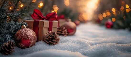 Christmas gifts and ornaments in snow with warm festive lights creating a cozy winter holiday atmosphere