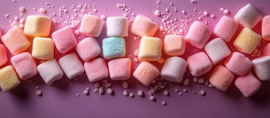 Vibrant colorful marshmallows arranged artistically on a soft purple background with scattered mini marshmallows for added texture