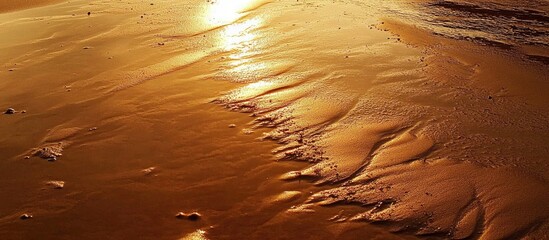 Shimmering wet sand reflecting a vibrant sunset along a peaceful shoreline in warm golden hues