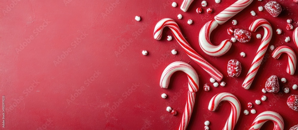 Poster candy canes and festive red treats on a red background creating a cheerful holiday atmosphere with a