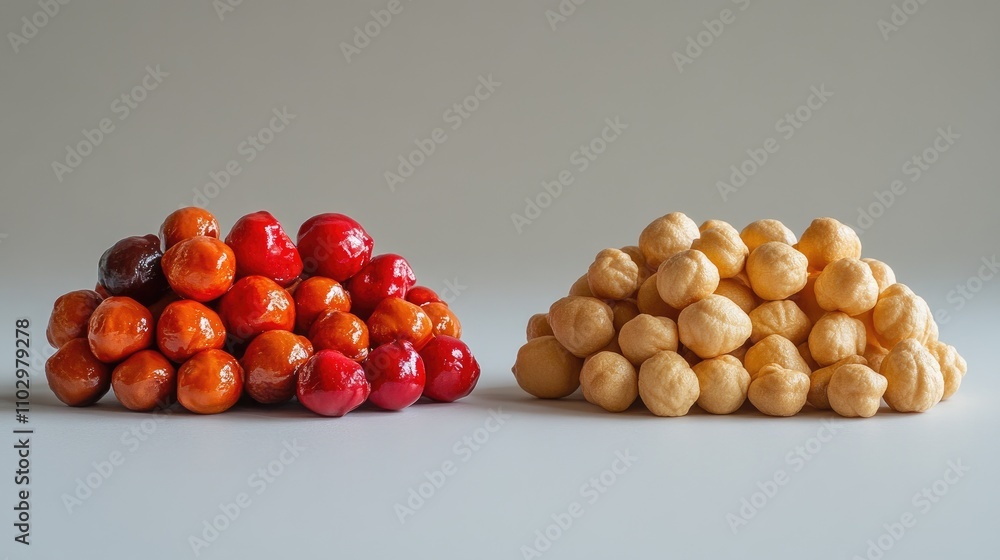 Poster peanuts arranged in distinct piles showcasing different colors on a clean white background for culin