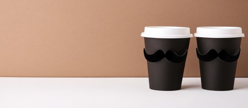 Chic black paper coffee cups with moustache props on minimal brown and white backdrop ideal for creative branding or event invitations