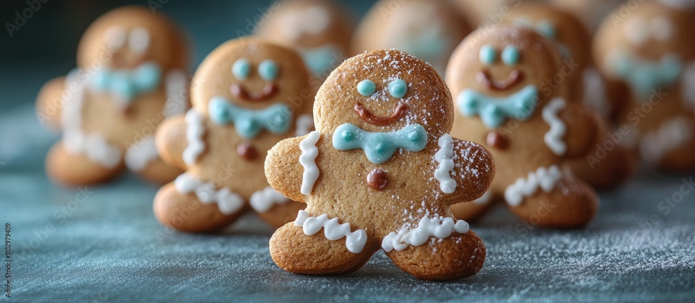 Poster gingerbread men cookies decorated with icing arranged in a festive line on a textured surface with a