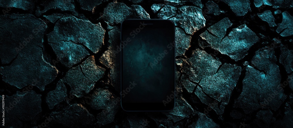 Poster smartphone placed on cracked textured surface showcasing technology aesthetics with ample negative s