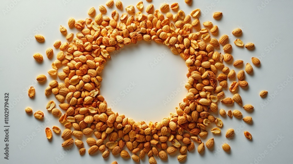 Poster sunburst pattern created with shelled nuts on a clean white surface showcasing artistic overhead per