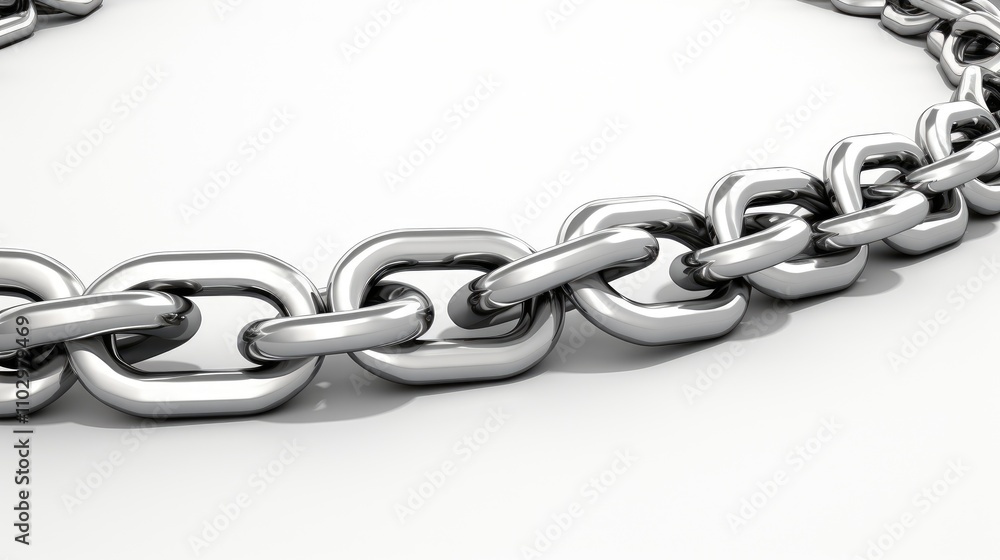 Poster silver metal chain arranged elegantly on a smooth white background showcasing its reflective surface