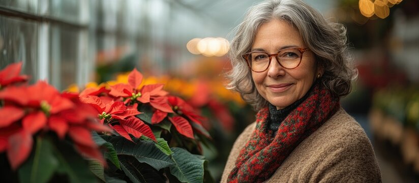 Middle aged woman selecting vibrant poinsettias in a greenhouse seeking advice from a knowledgeable florist during the holiday season