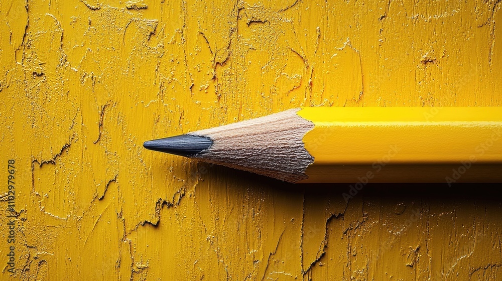 Poster minimalist yellow pencil on textured background with ample copy space for creative design and presen