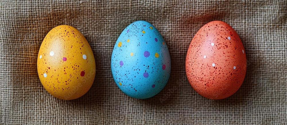 Aufkleber top view of three vibrant painted easter eggs on a rustic canvas backdrop for a minimalistic easter 