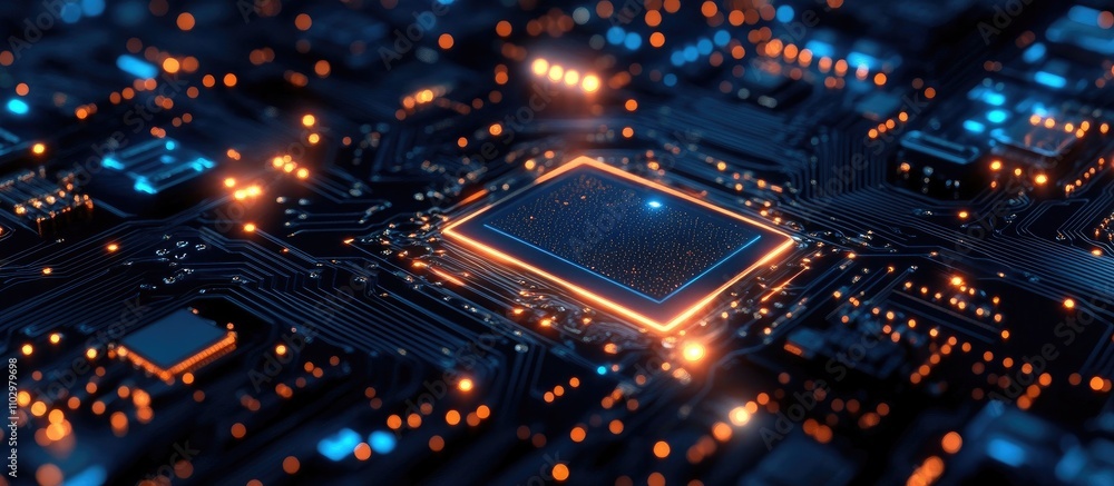Poster futuristic circuit board scene with glowing elements in electronics and technology design