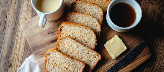 Whole wheat bread with butter served on a wooden board alongside tea and icing in a cozy breakfast setting