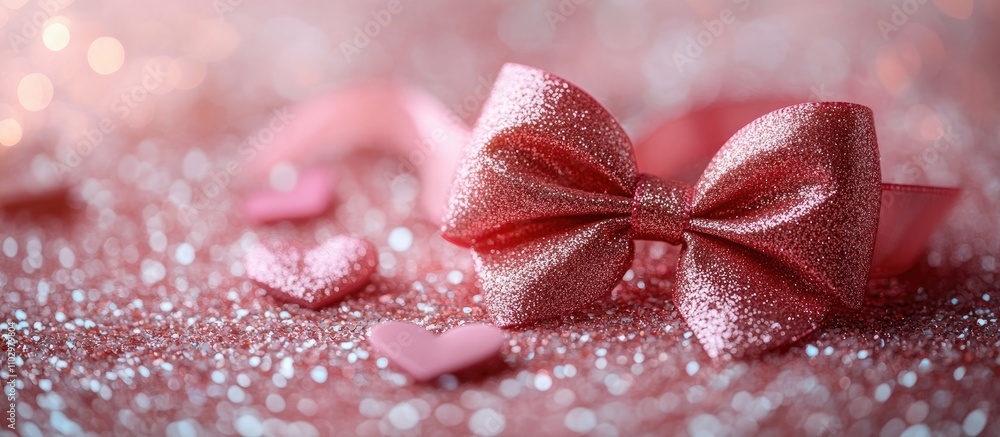 Poster pink glitter background with a sparkling pink ribbon bow and heart confetti creating a romantic spac