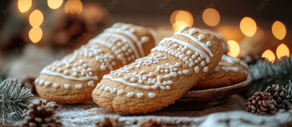 Poster cozy new year dessert featuring mitten-shaped cookies decorated with icing on a rustic table with fe