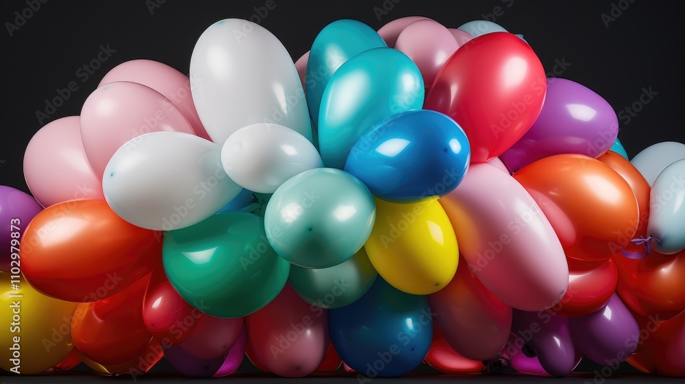 Poster colorful stack of uninflated balloons in various shapes and sizes against a dark background for fest
