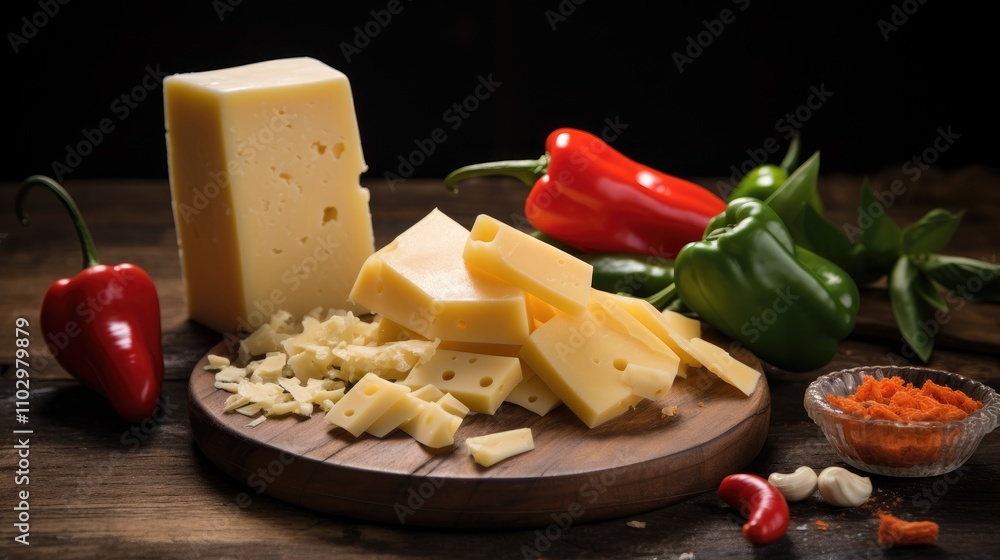 Poster parmesan cheese slices and whole cheese block with colorful peppers on a rustic wooden surface for c