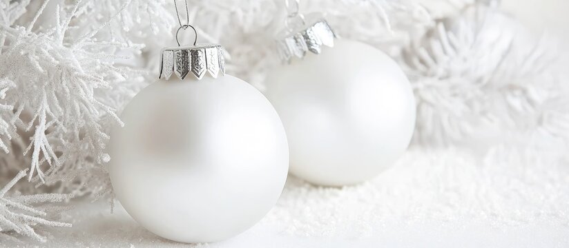 Elegant white Christmas ornaments on a snowy background with space for personalized greeting text for holiday celebrations