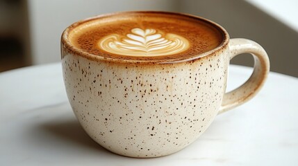 Coffee latte art in a textured ceramic mug set on a marble surface with a minimalist white background