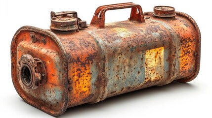 Vintage rusted metal fuel tank jerrycan isolated on white background showcasing old military canisters for fuel storage and transportation