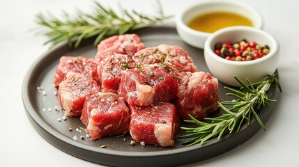 Raw beef cubes with rosemary garlic seasoning and olive oil served on a black plate against a clean white background