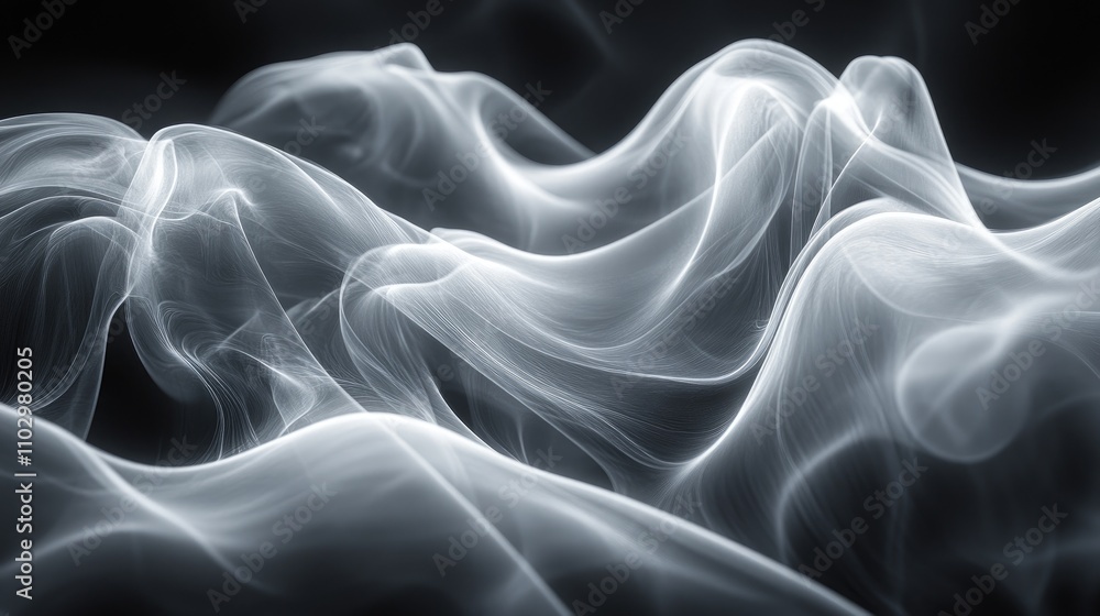 Poster ethereal white smoke waves gracefully undulating on a dark fabric background creating a mystical atm