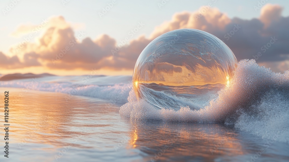 Poster calm ocean wave with a reflective bubble capturing the sunset and clouds in a tranquil seaside setti