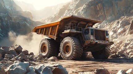 Obraz premium Giant dump truck filled with boulders on a quarry floor, rough terrain and jagged rocks surrounding the vehicle, dust rising from the ground, sun casting warm light, intense detail,