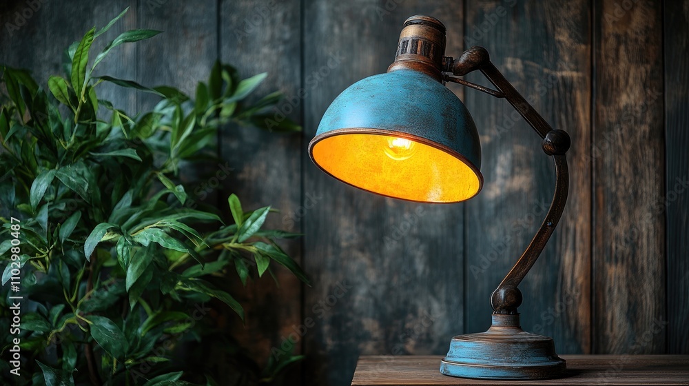 Poster retro desk lamp illuminating a rustic wooden backdrop with greenery, creating a warm vintage atmosph