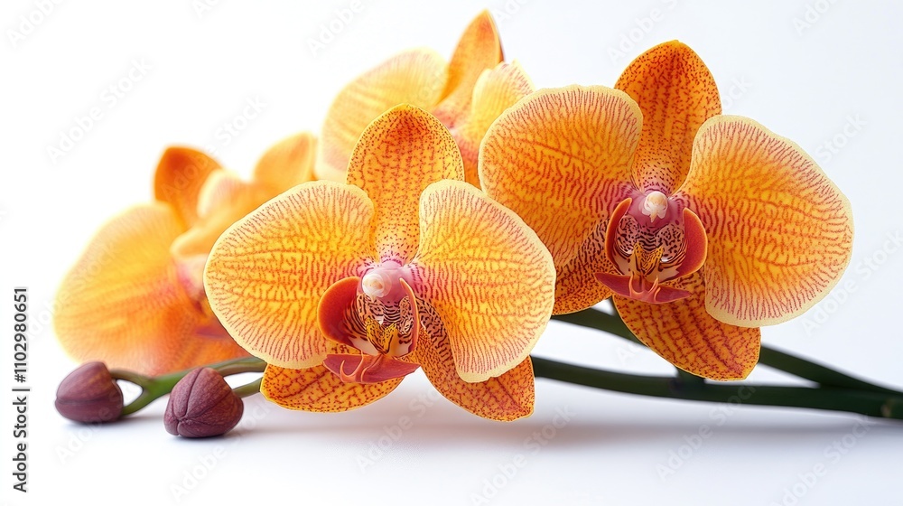 Poster macro closeup of vibrant orange orchid flowers with intricate patterns on a delicate branch isolated