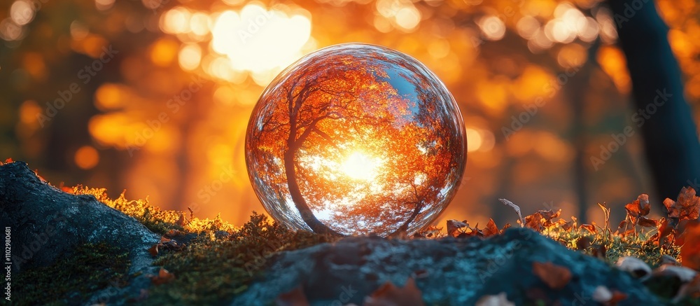 Poster closeup of a glass orb reflecting autumn trees with a stunning bokeh background creating a warm and 