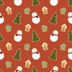 Vintage Color Christmas Seamless Patterns with Snowman and Christmas tree