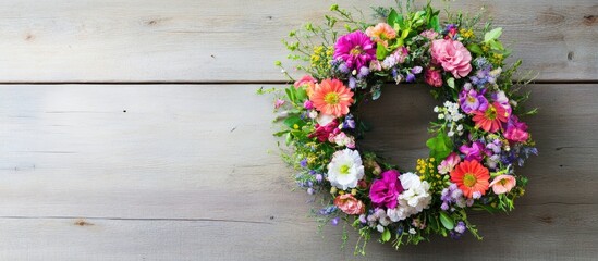 Fototapeta premium Colorful summer flower wreath displayed on rustic wooden table enhancing seasonal decor and natural beauty.
