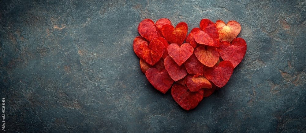 Poster heart shaped red petals arranged on a textured grey background creating a romantic and artistic comp