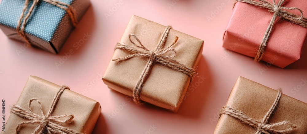 Poster assorted wrapped gift boxes in craft paper with hemp string on a soft pink background for holiday or