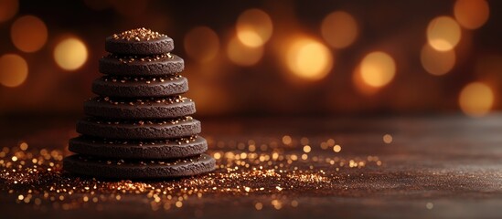 Obraz premium Chocolate biscuits stacked in a festive pyramid shape with sparkling decorations and a warm bokeh background for holiday celebrations