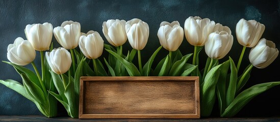 White tulips arranged elegantly with a wooden frame for text on a dark green backdrop perfect for spring themed designs and announcements