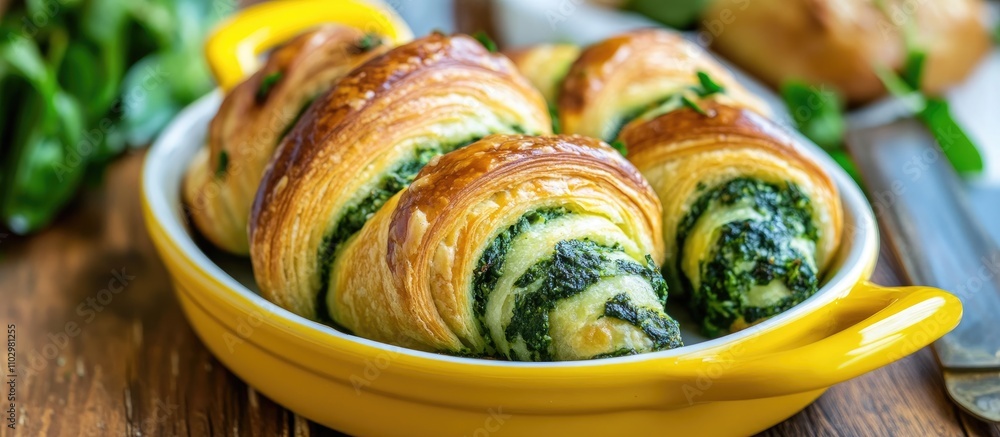 Poster spinach croissants in a yellow dish on a wooden table creating a rustic and appetizing breakfast sce