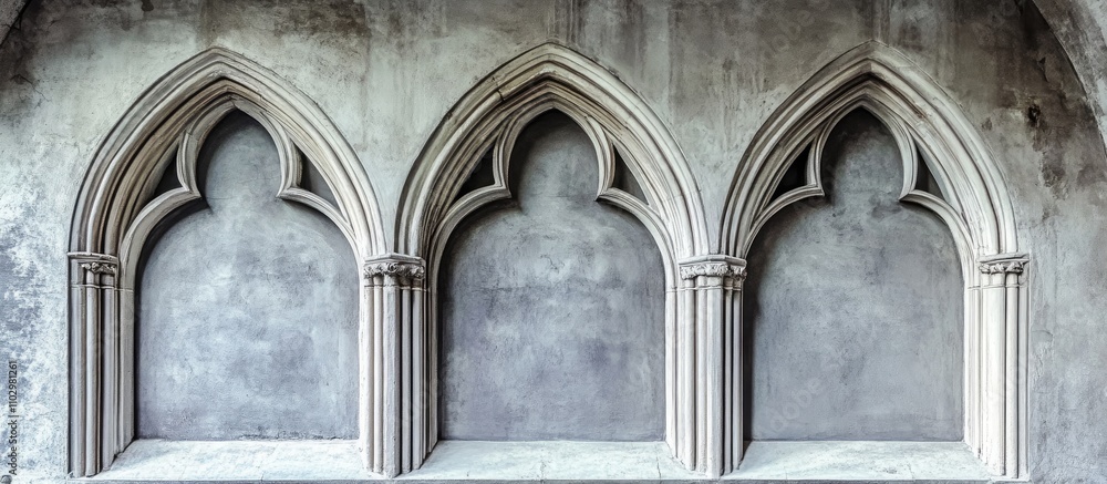 Poster gothic architectural design featuring three empty arched window alcoves against a textured gray wall