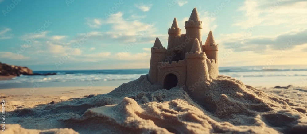 Poster detailed view of an intricately designed sandcastle on the beach with ocean backdrop and sunny sky c