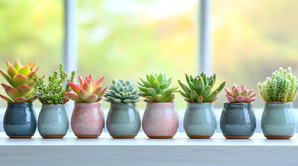Fototapeta premium Eight small succulents in various pastel ceramic pots sit in a row on a windowsill, bathed in soft natural light. A calming and aesthetically pleasing scene.