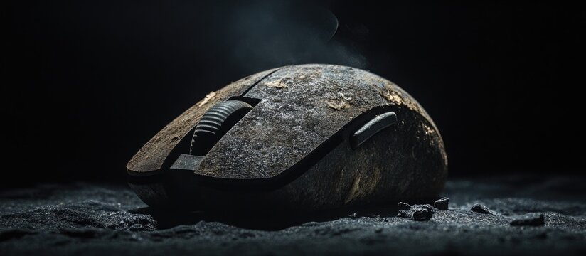 Aged computer mouse on a black background showcasing technology degradation through dust and wear illustrating obsolescence and neglect