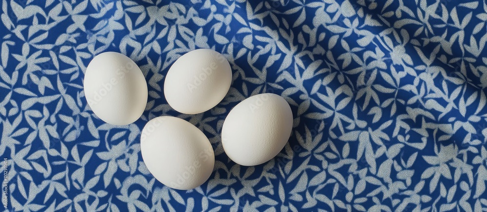 Poster top view of white eggs arranged on a blue patterned napkin creating an elegant and inviting kitchen 