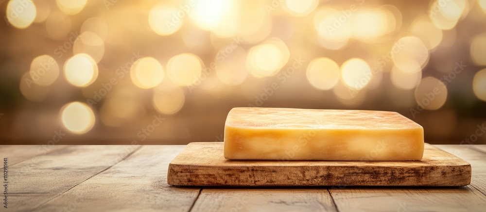 Poster wooden table surface on abstract blurred golden background ideal for displaying or presenting produc