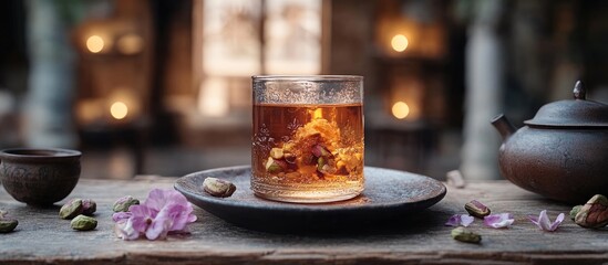 Baklava dessert with pistachios and tea on a beautifully decorated dark background creating an authentic cultural ambiance