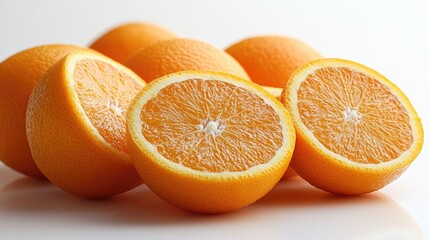 Fototapeta premium Fresh oranges with sliced segments showcasing vibrant color and texture isolated on a clean white background for culinary or health themes.