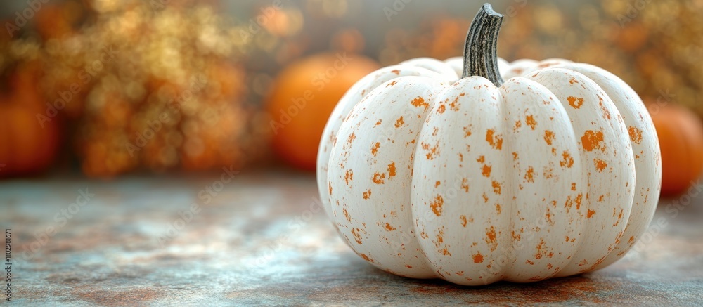 Poster rustic white pumpkin in autumn setting with blurred background creating inviting space for seasonal 